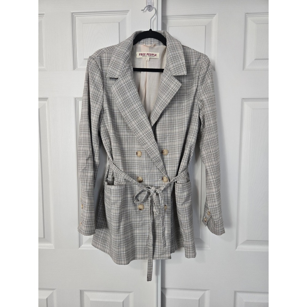 Free People Plaid Double-Breasted Blazer Jacket in Light Gray